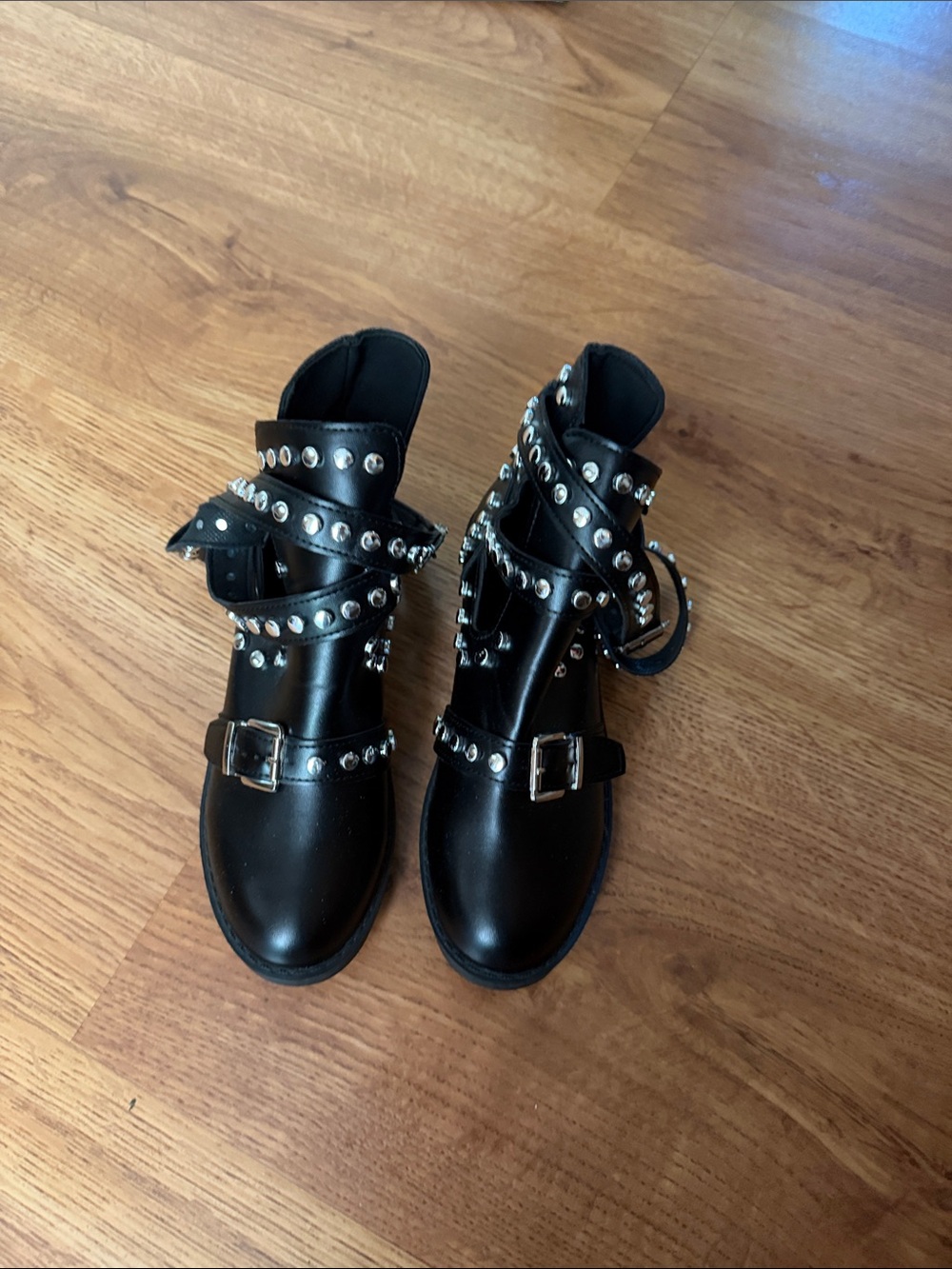 Studded Black Leather Ankle Bootstraps